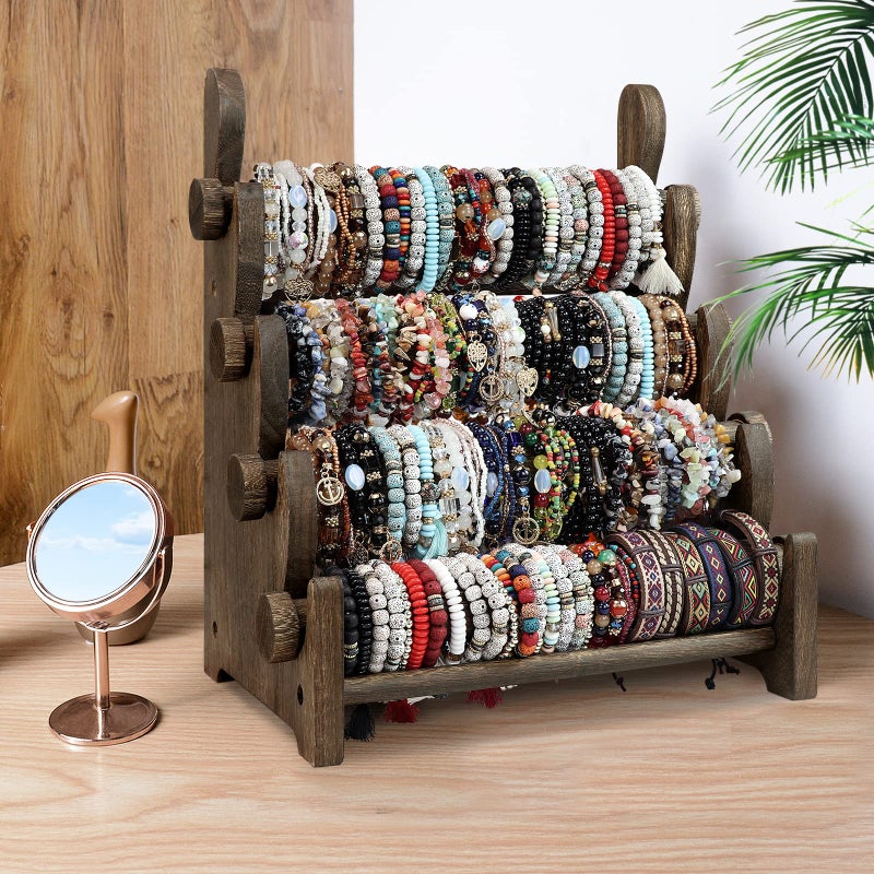 TOPNEW 4 Tier Wooden Bracelet Holder, Scrunchie Bangle Watch Necklace Display Storage Jewelry Holder Stand Display Organizer, Brown - Image 5